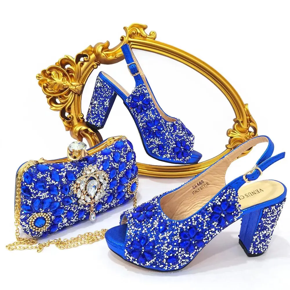 2024 Newset Italian Design Nigerian Women Shoes and Bag Set With Speical Narrow Band and Cross-tied in Golden Color for Party