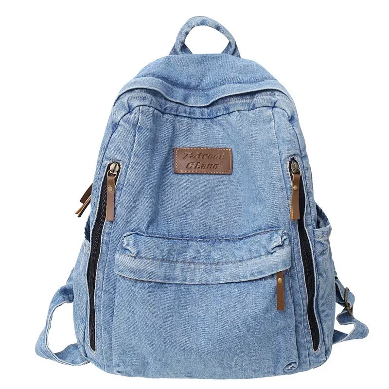 

High Quality A4 Large Capacity Denim Jeans Women Backpack Girl Student School Bag Lightweight Travel Bag Blue Fashion M9322