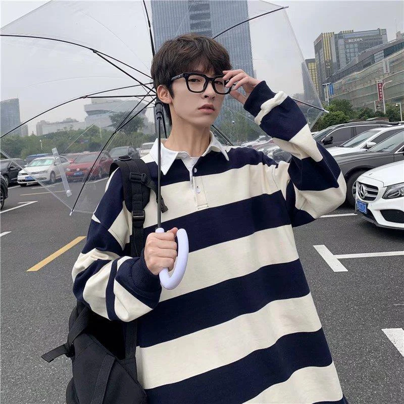 

Spring Striped Print Men Long Sleeve Polo Sweatshirts Teenagers Student Korean Fashion Harajuku All-match Clothing White Yellow