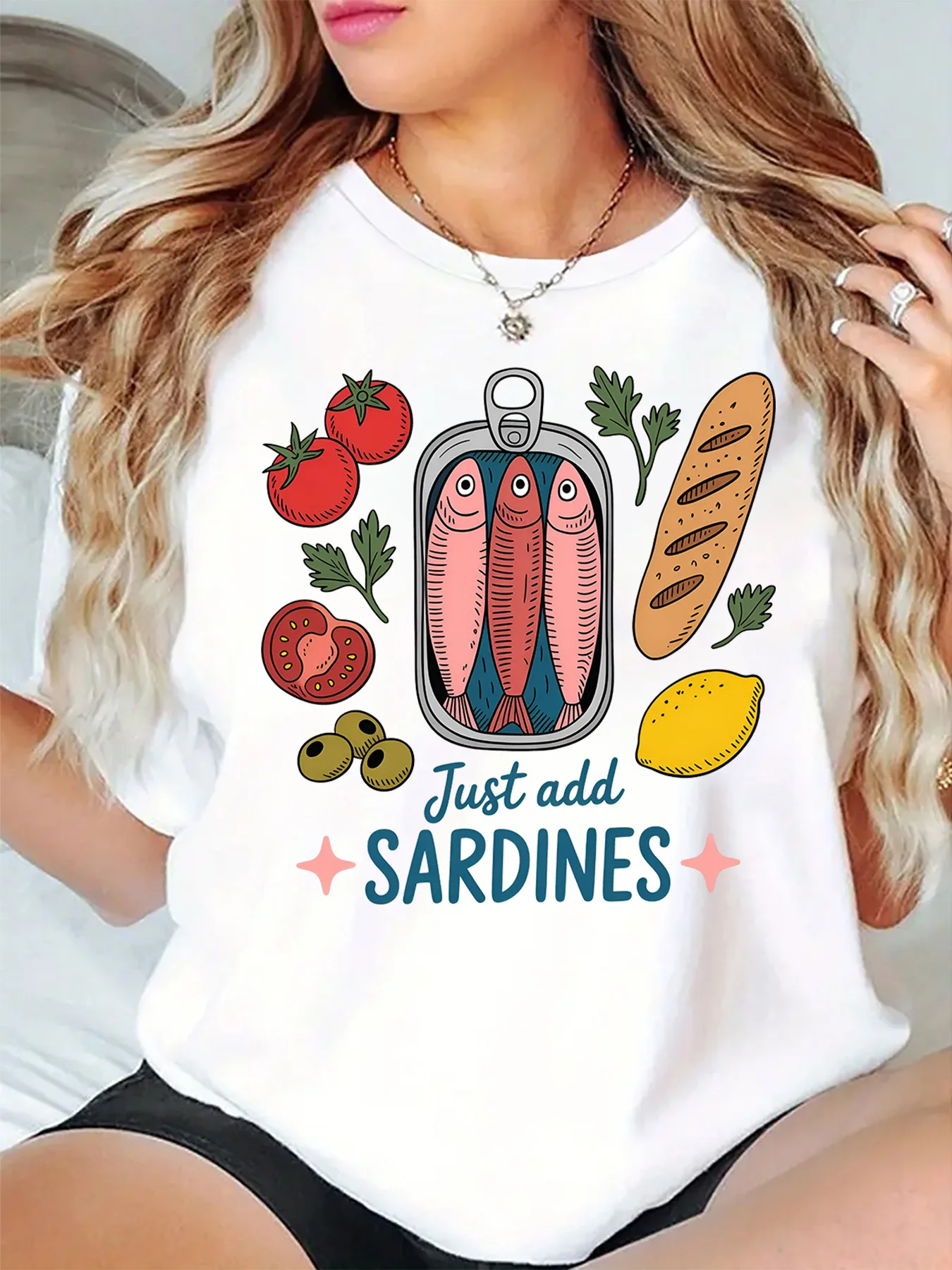 Just Add Sardines Canned Fish Tomato Olive Lemon Bread Food Graphic Womens T Shirt Short Sleeve Crew Neck Casual Ladies Tee Tops