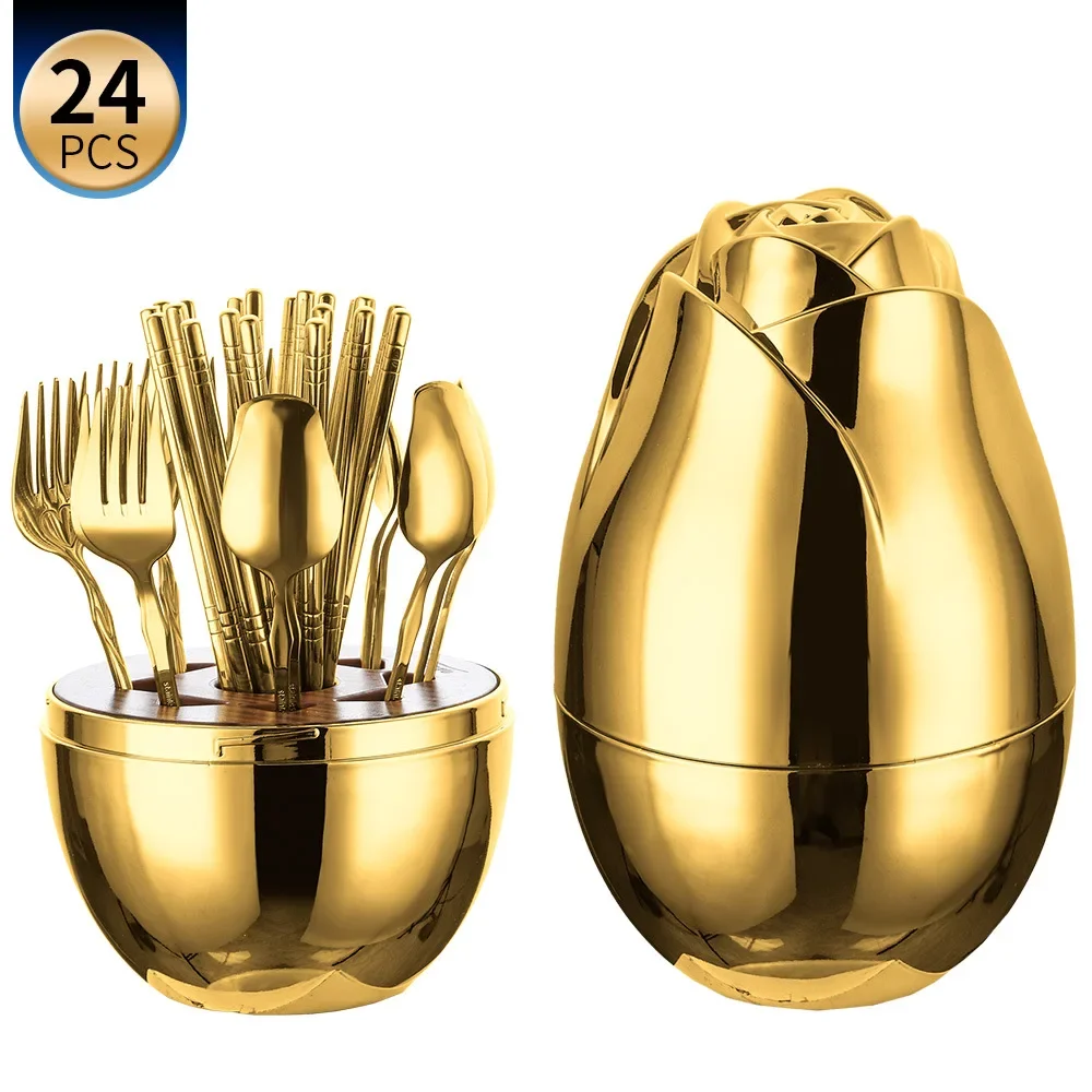 Stainless steel western tableware rose egg fork spoon chopsticks 24-piece set home hotel restaurant gift box set