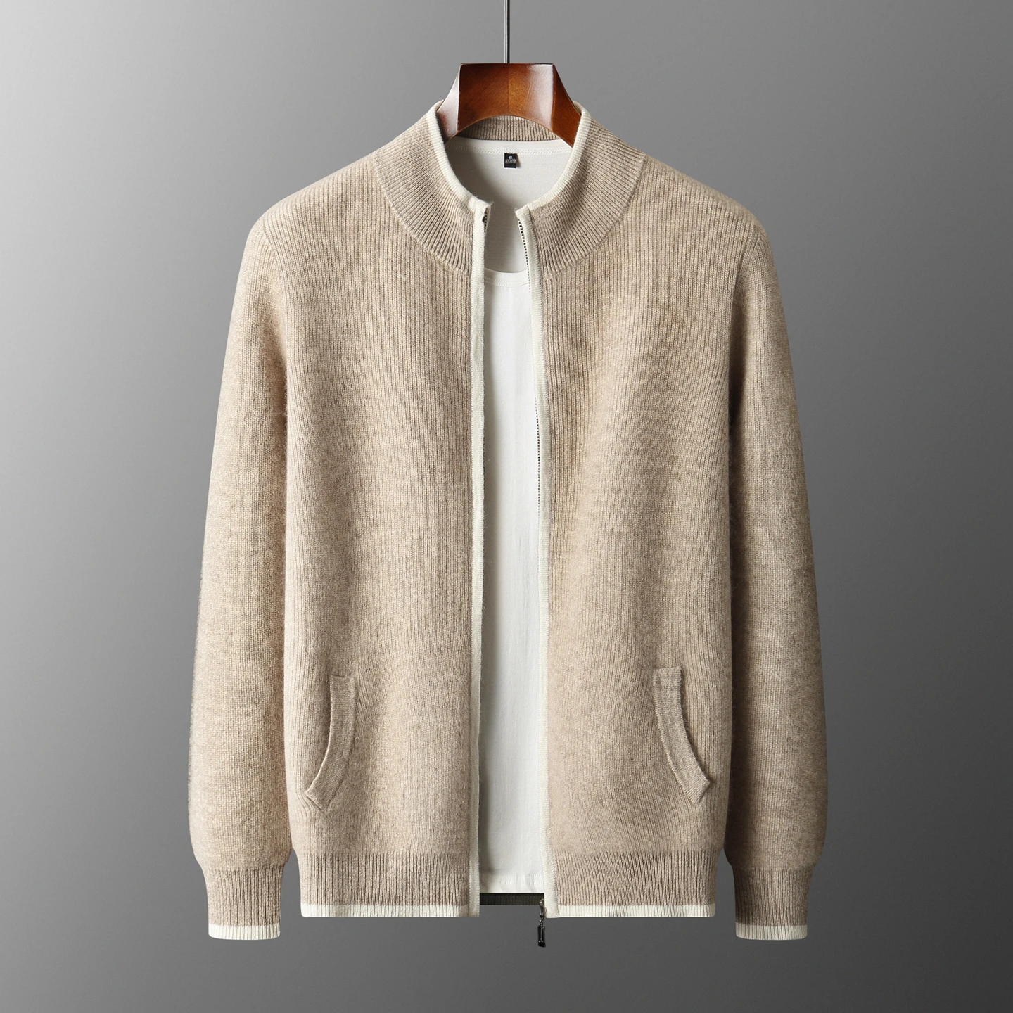 Men Jacket Sweater 100% Cashmere Zipper Cardigan Coats Contrast Trim Autumn Winter Thick Warm Clothes O-neck New Chic Knit Tops