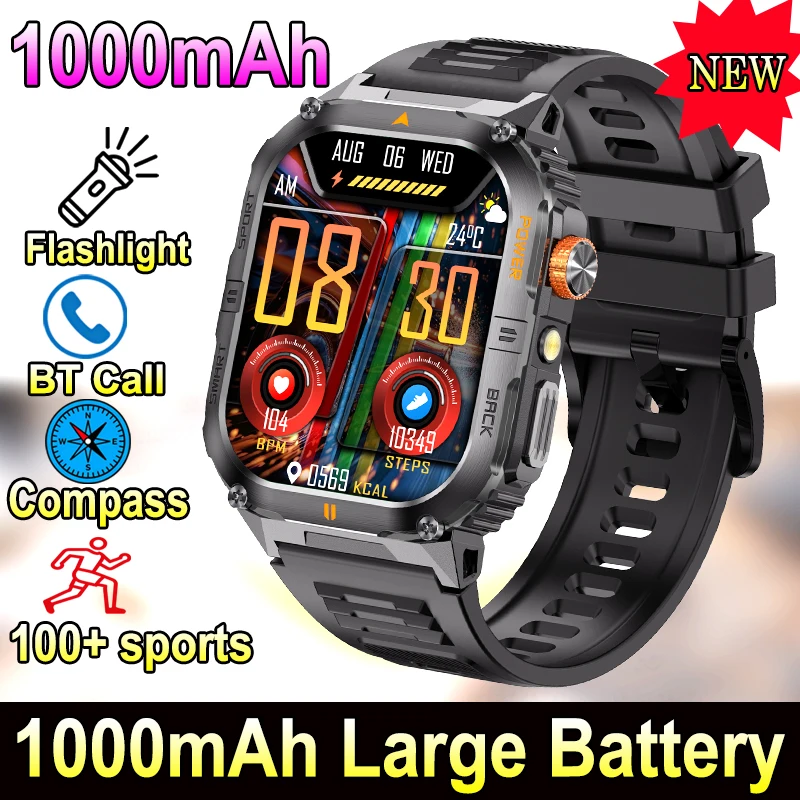 

Men Military Sports Smart Watch 1000mAh Large Battery Strong Flashlight Compass Wrist Watches BT Call Health Smartwatch Women