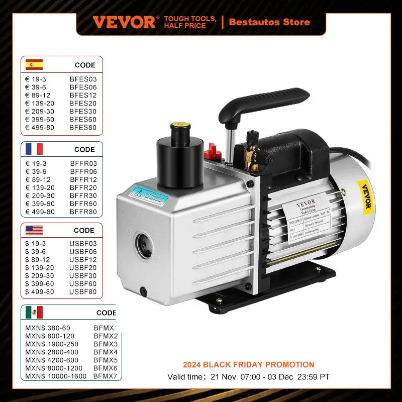 VEVOR 8CFM Two-Stage Rotary Vane Professional Vacuum Pump (15Micron 3/4HP 1/4