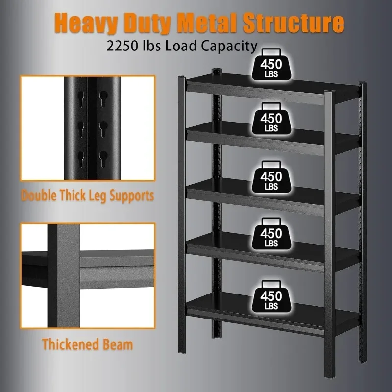 5-Tier Garage Shelving Heavy Duty,40”W x 18”D x 72”H All Metal Shelving Unit, 2250 lbs Weight Capacity Adjustable