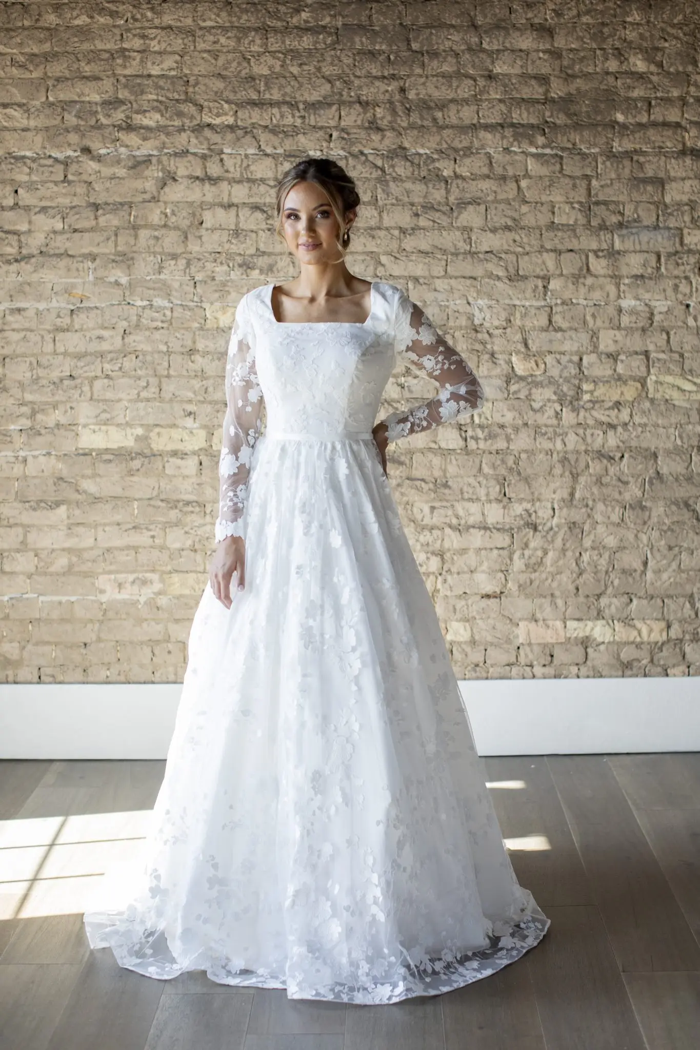 Wedding Dresses Beautiful Floral Lace Applique Dress Completed with Long Lace Illusion Sleeves and A Cute Square Neck