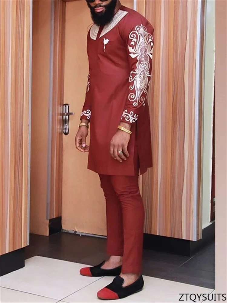 

African Men's Shirt Pants Set Metallic Print Tops Long Sleeves Clothing V Neck Matching Traditional Suit With Trouser For Men