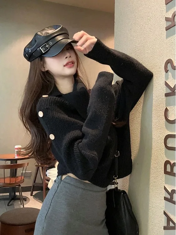 Hoher Kragen, langer Sve, lockerer Strickpullover, asymmetrisches Design, Herbst-Winter-Damen-Cardigan, warme Thermo-Kleidung