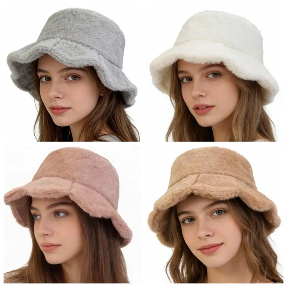 

Elegant Winter Bucket Hat Thick Warm Lotus Leaf Shape Fluffy Winter Cap Fisherman Cap Outdoor Activities
