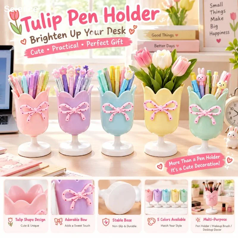 Cute Style Plastic Bow Tulips Shape Pen Holder Desktop Organizer Makeup Brush Storage Bucket Storage Cup Ornament Props