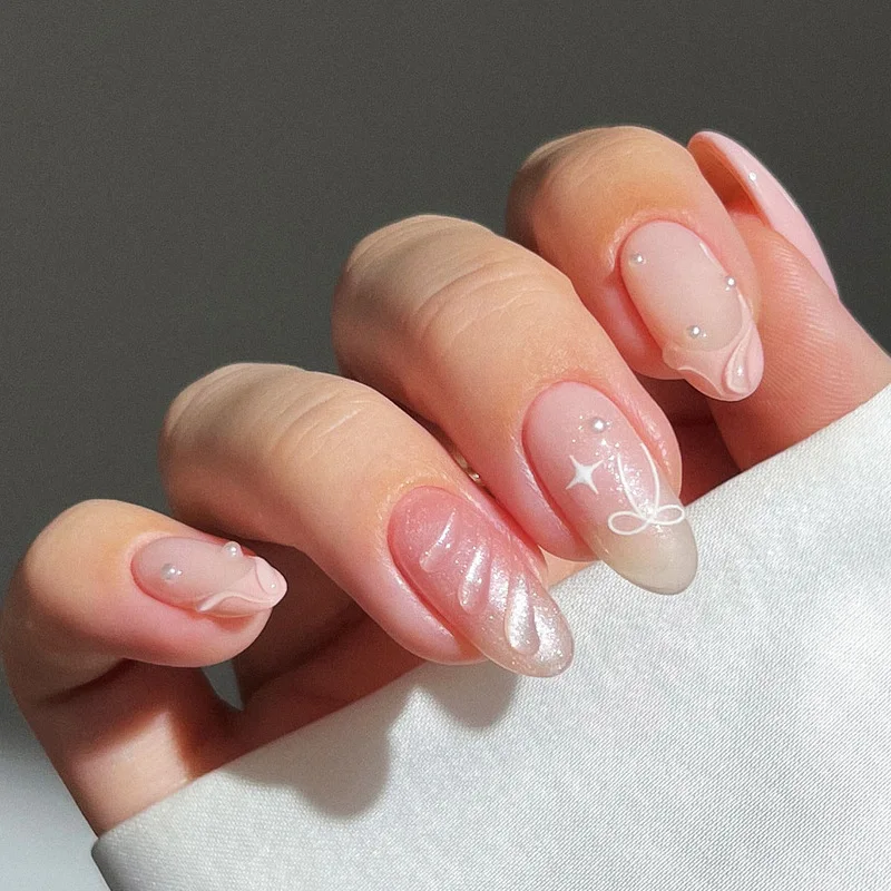 Faux ongles français mi-longs en forme d'amande, 24 pièces, avec poudre brillante, motif de coque 3D, presse datable sur les pointes des ongles