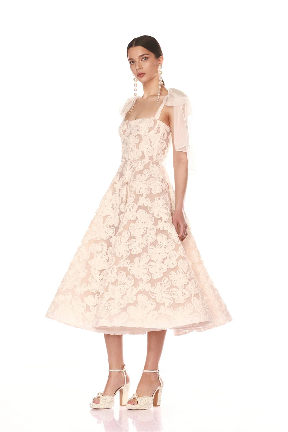 كيوتو مخصصة أوف وايت الحليب الدانتيل زهرة فستان الزفاف القوس الأشرطة الشاي طول Vestidos De Noche ألف خط بلا أكمام ثوب رسمي #4