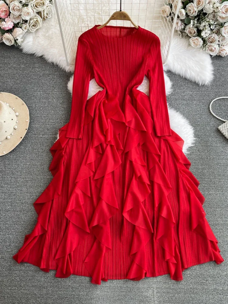 Autumn Women High Waist Pleated Ruffles Korean Version A-line Ball Gown Dress Mid Length O-Neck Long Sleeve Vestidos Spring New