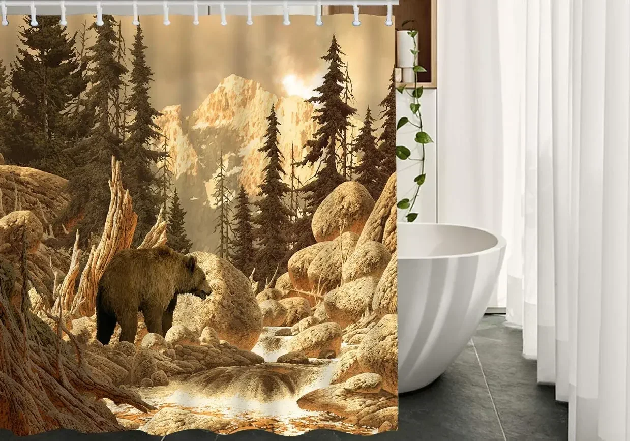 Grizzly Bear Shower Curtain By Ho Me Lili Animal Wilderness Brook Canyon Forest Mountain Nature Yellow Stone For Bathroom Decor