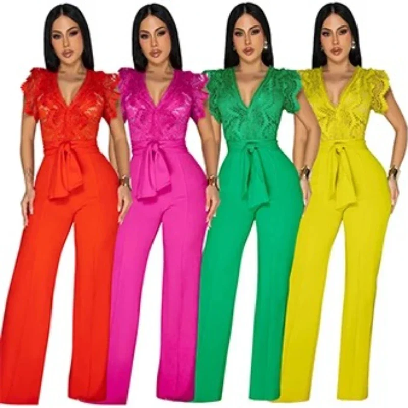 

New Luxury Women's Ruffle Waist Bandage Rompers Night Club Overalls Elegant Birthday Crochet Lace See-Through Yellow Jumpsuits