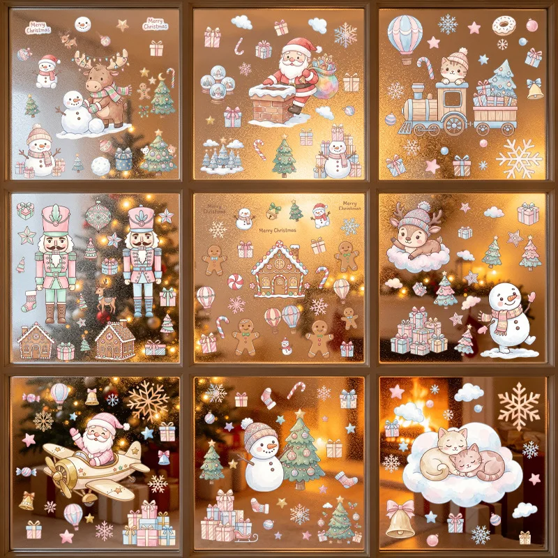 Christmas Day Ornaments Nutcracker Soldiers Static Glass Doorboards Window Stickers Cat Train Gingerbread Man