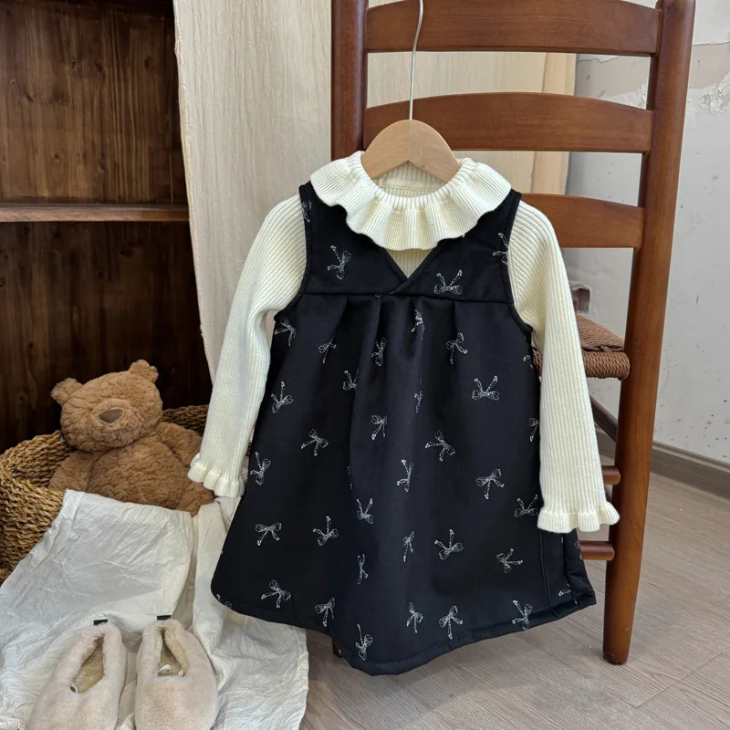 

2025 Winter New Girls Fleece Vest Dress Children Sleeveless Warm Dress Plus Velvet Thick Baby Girl Cute Bow Princess Dress