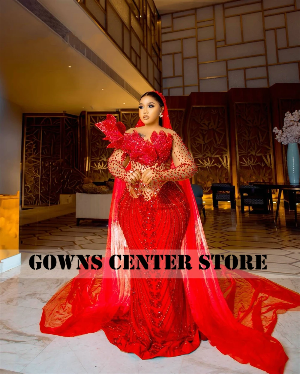 Fantastic Red Mermaid Wedding Evening Dresses Long Sleeves Beads Crystals Aso Ebi Party Gowns For Women Bride African Customized