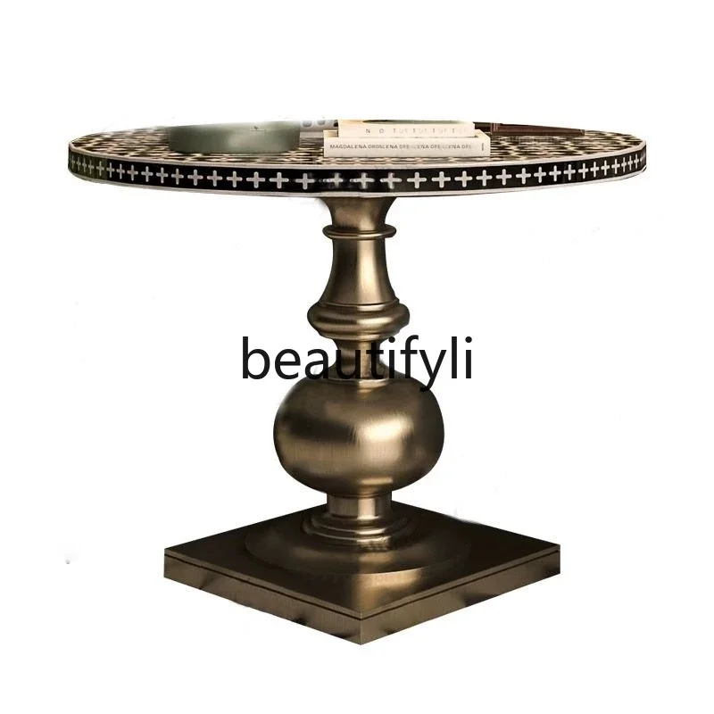 retro solid wood round dining table/medieval household small apartment coffee table/French Roman column hand-painted table6239