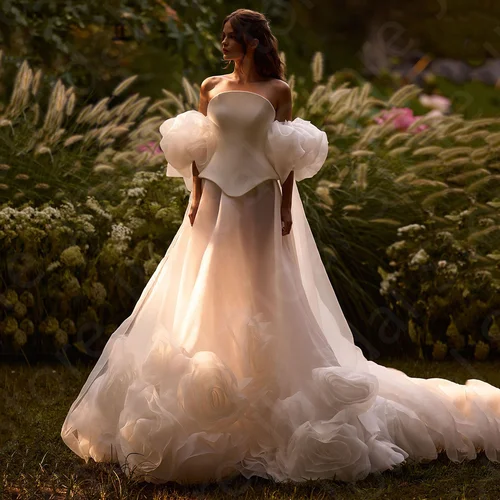 Imagen 1 del producto Preciosos vestidos de novia personalizados 2025, vestidos de novia con tren, vestidos de novia sin tirantes, mangas abullonadas, vestidos de novia con espalda