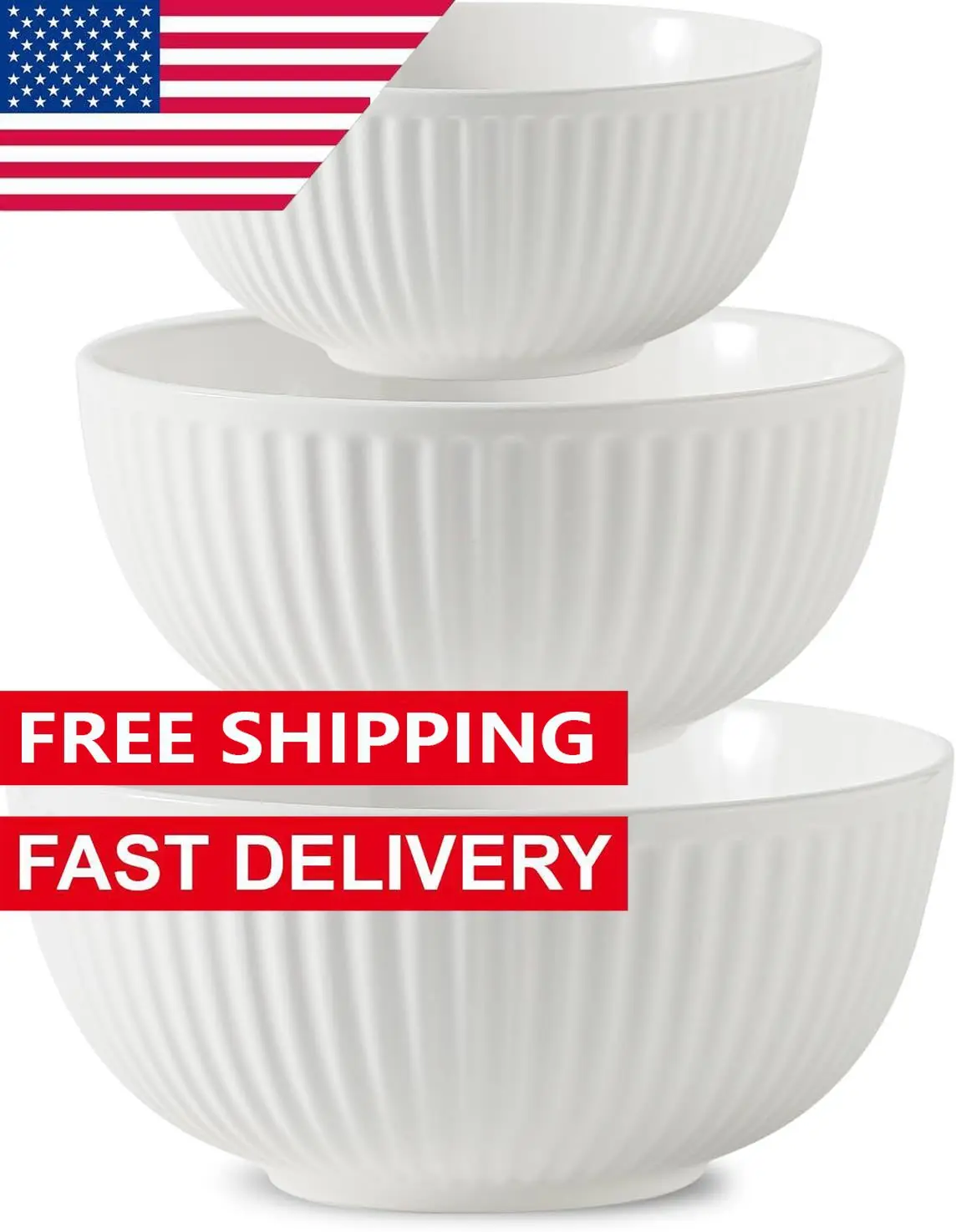 Ceramic Large Mixing Bowls, White Bowls 1.5/1/0.5 Quart For Kitchen, Prep Serving Bowl for Baking and Mixing Salad, Oven, White