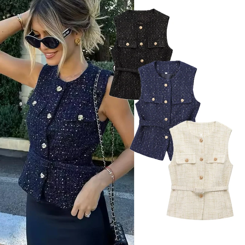 

Women's Jacket Vest With Belt Autumn Women's 2025 Chic Simple O-Neck Sleeveless Single Breasted Textured Vest With Beaded Pieces