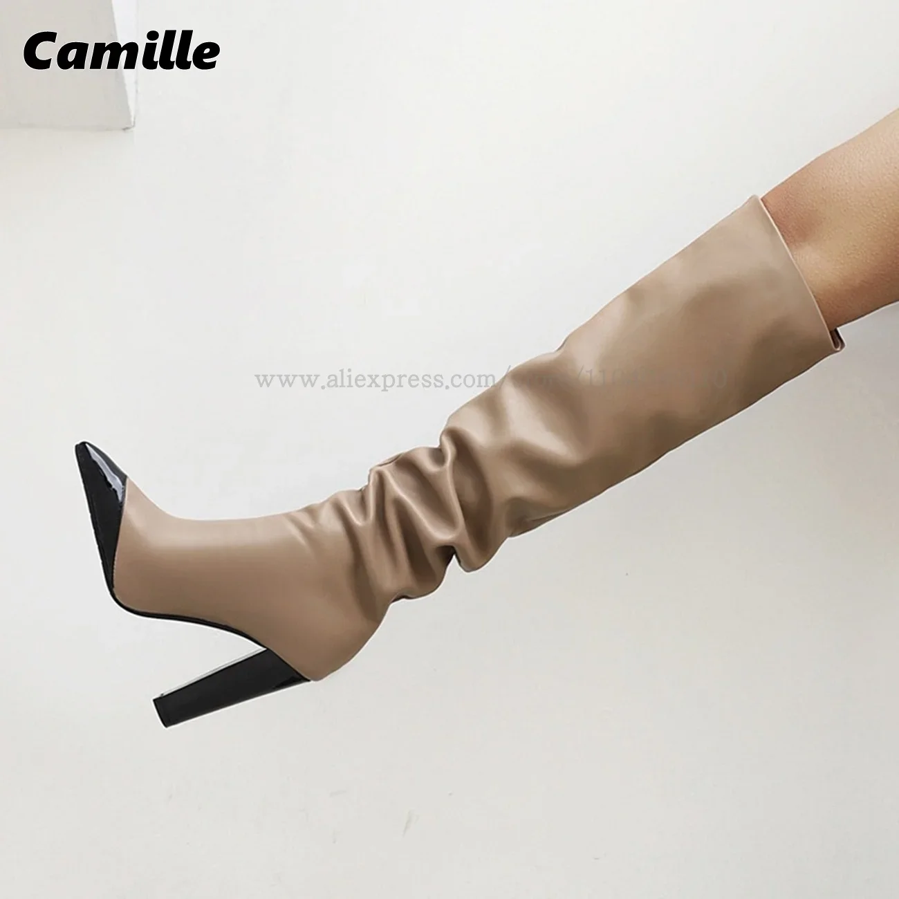 Leopard Chunky Heel Knee High Slip On Modren Boots 2025 New Pleated Sexy Casual Boots Pointed Toe Size 34-43 Catwalk Style Boots