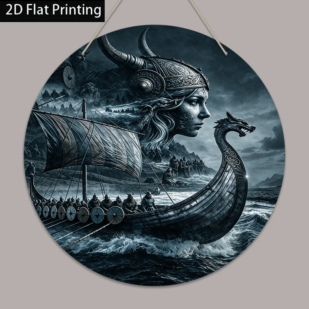 2D Flat, Valkyrie Viking Ship Wooden Wall Plaque - Retro Norse Round Hanging Sign Suitable for Home, Office, Wedding Gift, Vikin