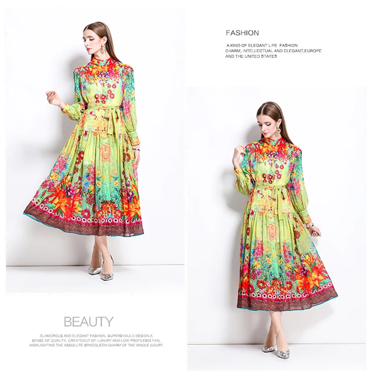 ZAROY Elegant Lantern Sleeve Single-breasted Dress Boho Slim Waist Belt Fashion Dress Women Vintage A-line Print Party Vestidos