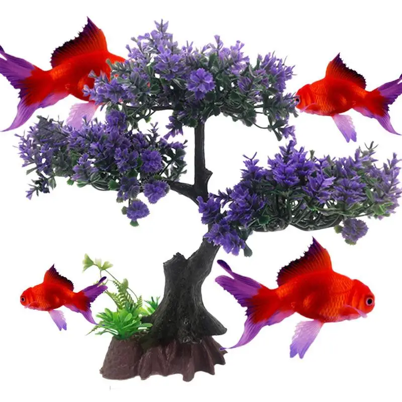 Fish Tank Decoration Aquarium Artificial Plastic Plants Decoration, Pink Cherry Blossom Tree & Grass Aquarium Decor