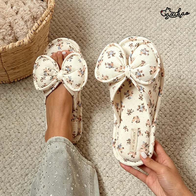 XIXITIAO Four Seasons Indoor Slippers For Women Fashion Casual Comfort Cotton Floral Pattern Anti-slip Bedroom Flat Floor Shoes