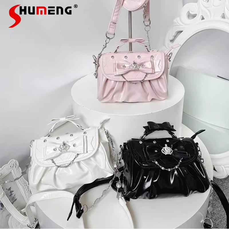 

Original Japanese Sweet Single Shoulder Bag Rhinestones Bow Lolita Lace Handbag Fashion Fairy PU Leather Lolita Bags Backpack