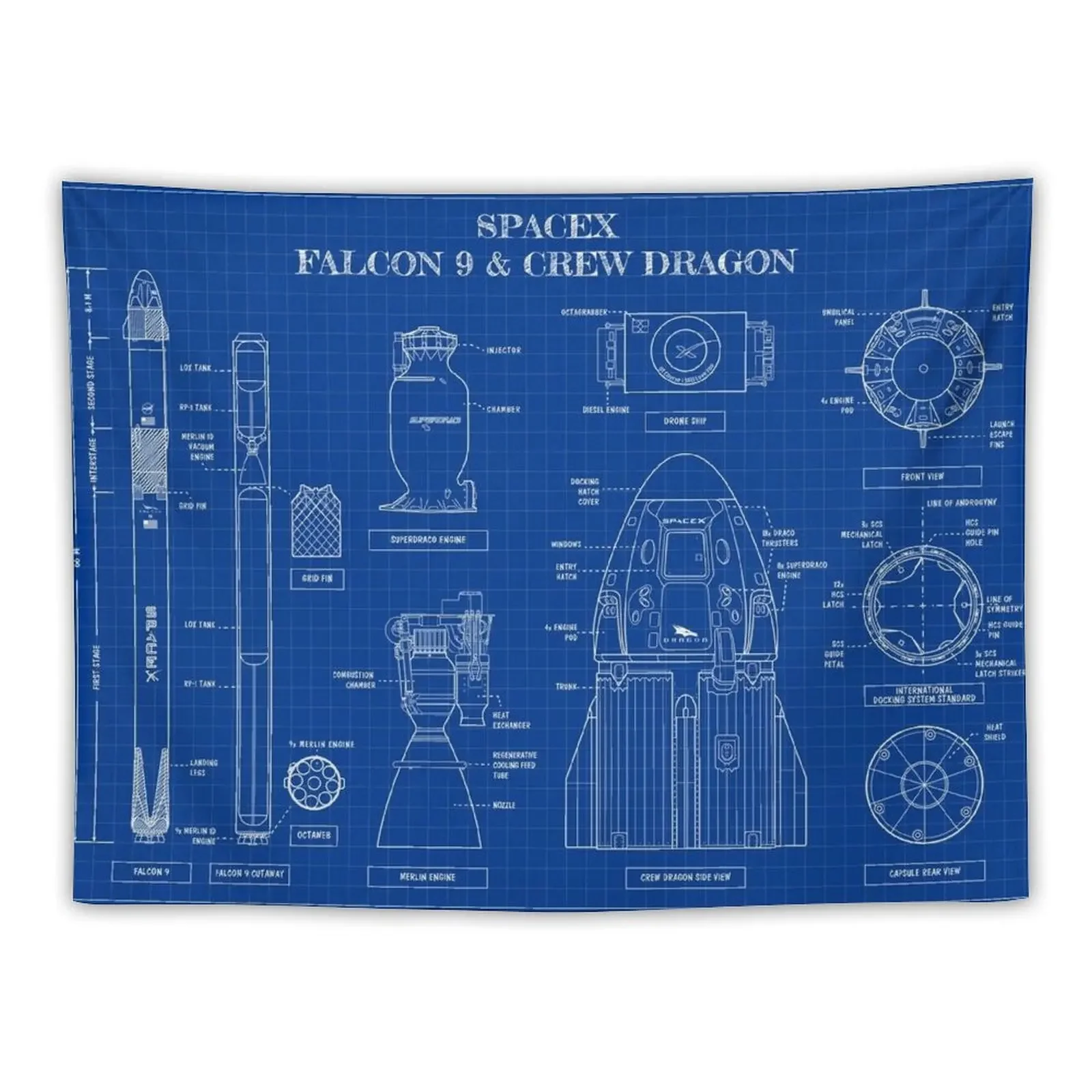 SpaceX: Falcon 9 and Crew Dragon (Blueprint-English) Tapestry Home Decorations Wall Tapestries Wall Coverings Tapestry