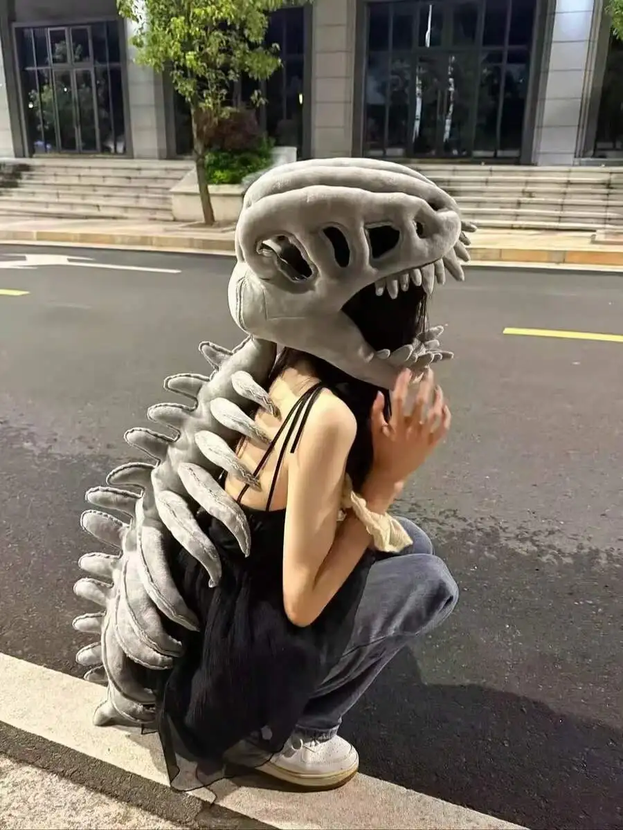 Funny Dinosaur Skull Plush Headwear, Realistic Bone Hat & Mask Dress Up Toy for Kids