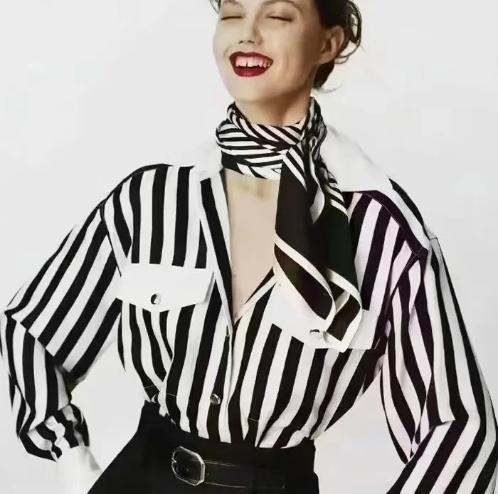

Spring Summer Vintage Black White Stripes Heavyweight Loose Shirt Street Style Collar Long Sleeve Polyester Fiber