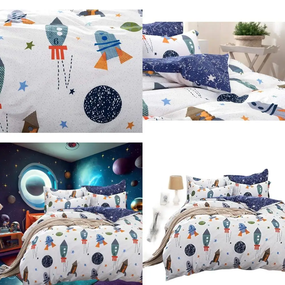 Set Sprei Galaksi Luar Angkasa 3-Piece dari Katun untuk Anak Laki-Laki: Sarung Selimut, Seprai Datar & Sarung Bantal