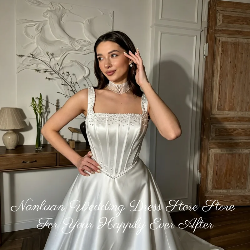 Church Wedding Satin A Line Gown Luxury Pearl Beaded Cathedral Train Lace Up Dress Customized Vestidos De Novia
