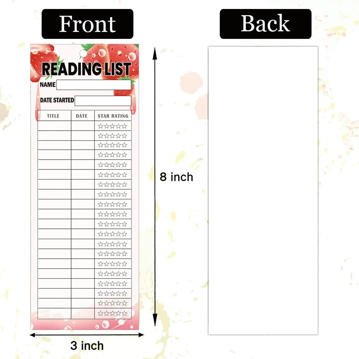 Reading List Bookmark Tracker 3 x 8 Strawberry Theme Personal Libraries Reading Page Cards Book Tracker Notecards Reading Log