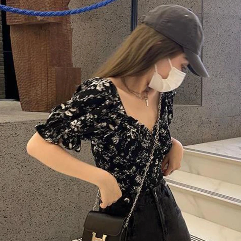 

Blouses Women Floral Crop Tops Tender Vintage Prairie Chic Summer Fashion Hotsweet Slim Puff Sleeve Aesthetic Students Ulzzang