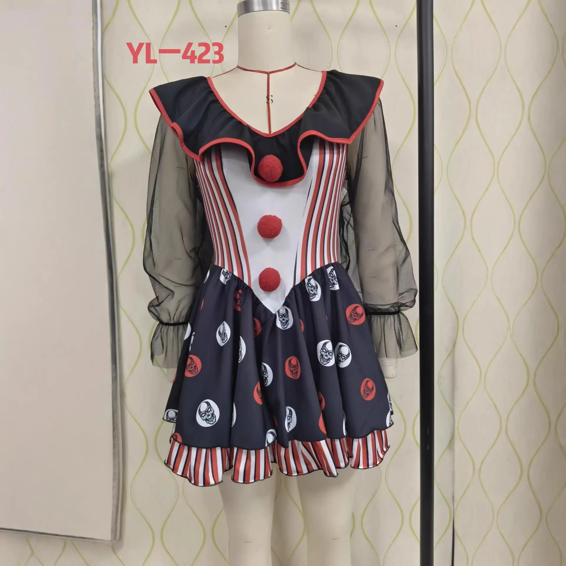 Halloween Costumes Women Horror Clown Cosplay Mini Dress Sheer Long Sleeve Ruffle Collar Polka Dot Stripe Party Club Outfit - view 3