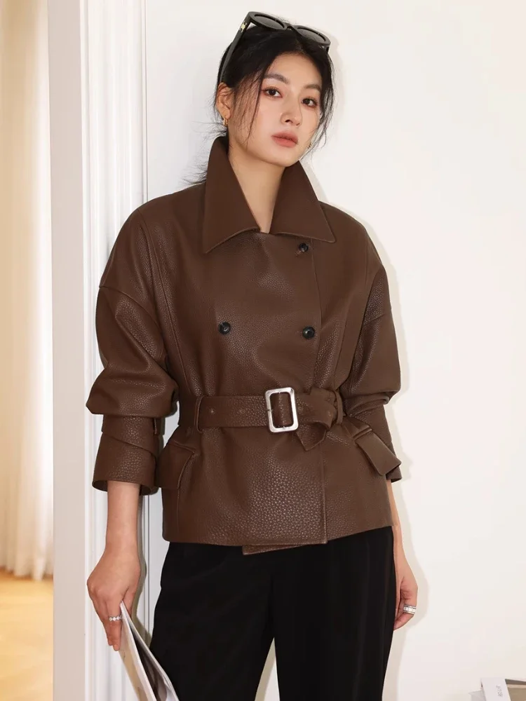 

Retro Short Genuine Leather Windbreaker Jackets Women Spring Autumn Simple Slim Double Breasted Belted Real Cow Leather Jacket