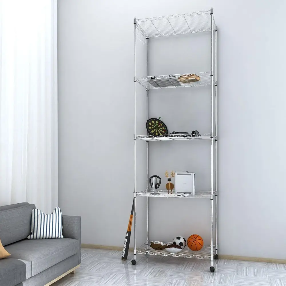 Mobile 5-Tier Chrome Steel Shelving Unit for Garage, Kitchen, Living Room - Heavy Duty Rack, 23.2L x 13.8W x 72H
