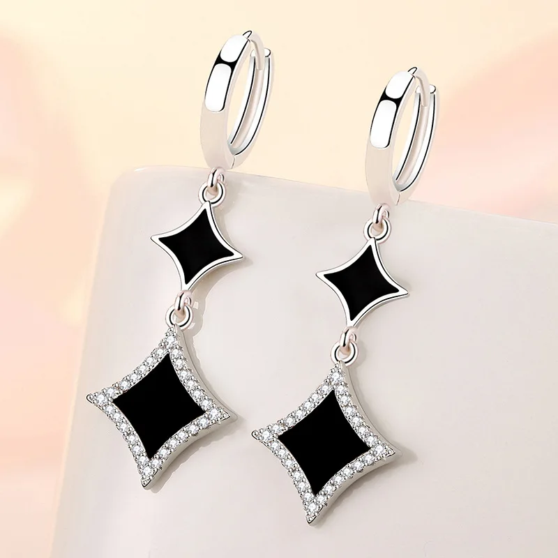 KOFSAC Occident Popular Black Star Long Tassel Earrings For Women Party 925 Sterling Silver Jewelry Shiny Zircon Earring