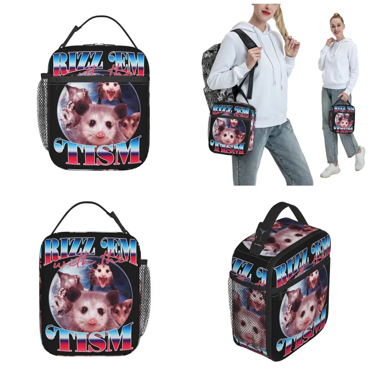 Lustige rizz em mit dem tismus opossum wärme isolierte lunch taschen für picknick tragbare lebensmittel tasche männer frauen kühler thermische lunch box