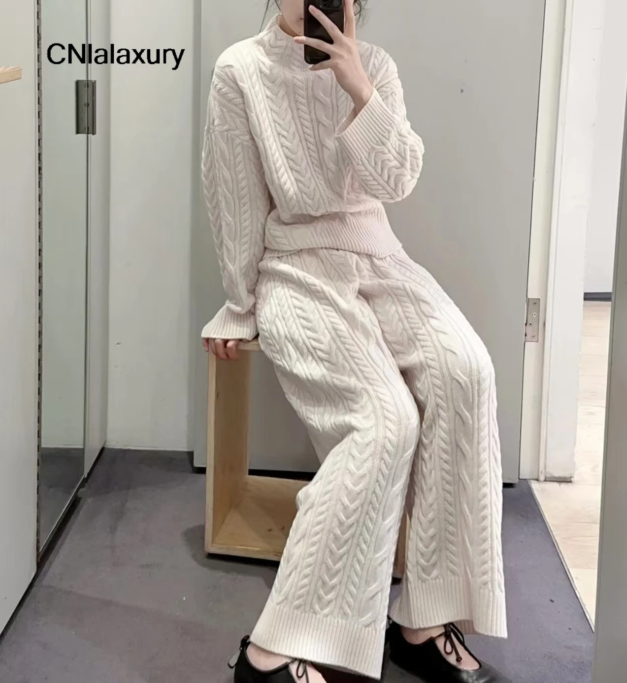 Knitted Gray Pant Sets Women Half Turtleneck Loose Sweater Wide Leg Trousers 2 Pieces Suits Female 2 Pieces Sets outfit women