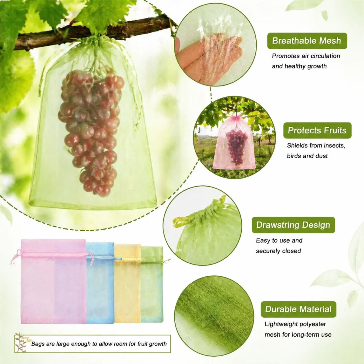 Reusable Fruit Insect Proof Drawstring Bags Plants Protection Mesh Bags Pest Barrier Covers for Fruit Trees Home Garden Supplies