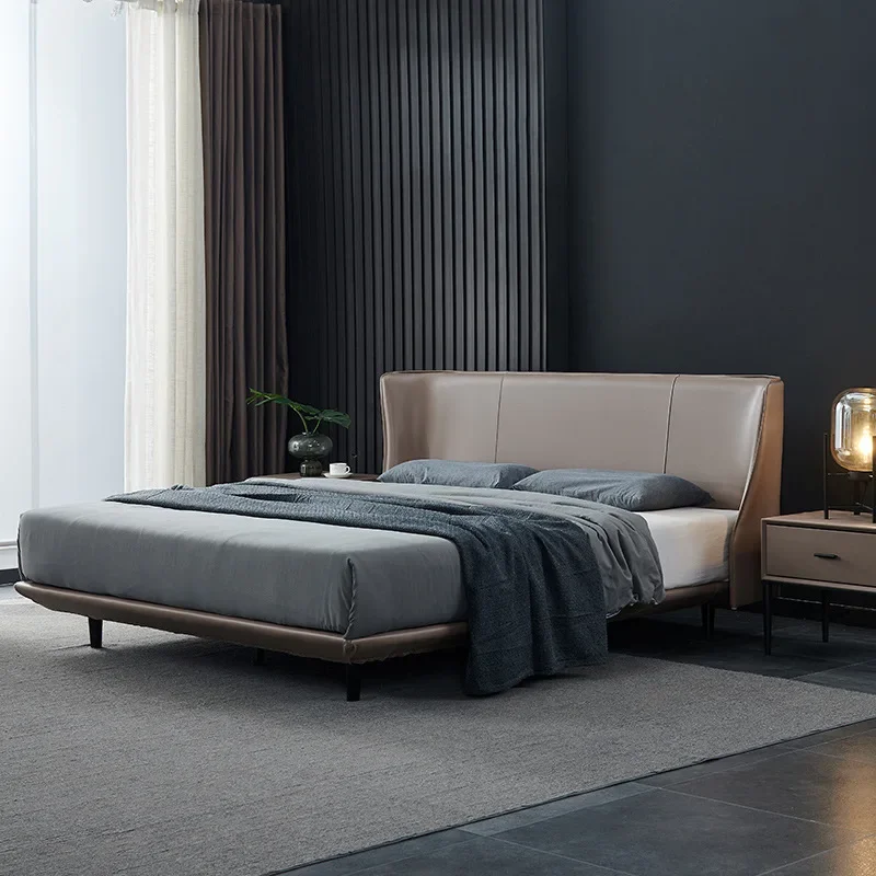 Italian minimalist designer leather bed 1.8 meters small apartment thin bedside flush edge bed