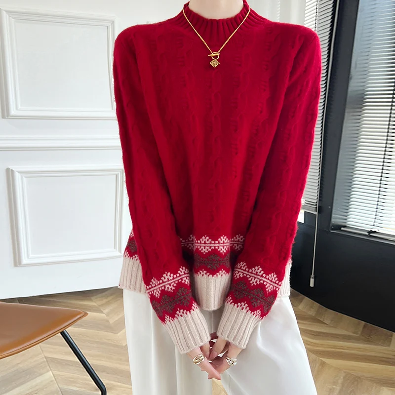 100% merino cashmere sweater new cashmere sweater in autumn and winter women's semi-turtle neck thickened warm soft high-end kni