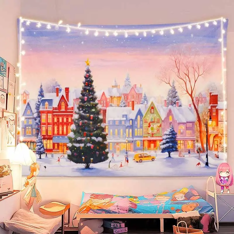VIKAMA Wall Tapestry Christmas City Street Taxi Double Decker Bus Tree Snowy Wall Hanging Dorm Room Aesthetic Xmas Wall Art