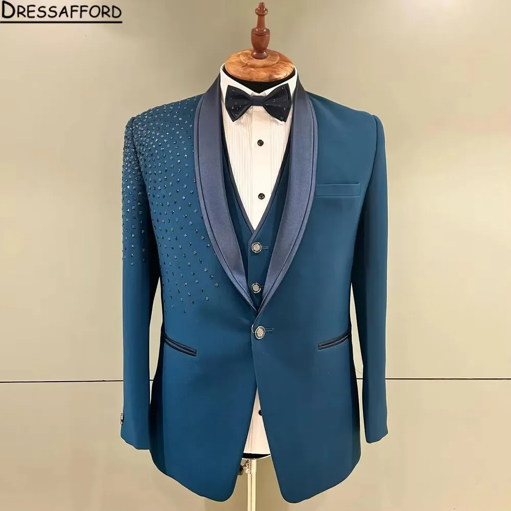 Blue Square Drill Blazers Men Suits Fashion Banquet 2 Piece Business Jacket Pants Trousers